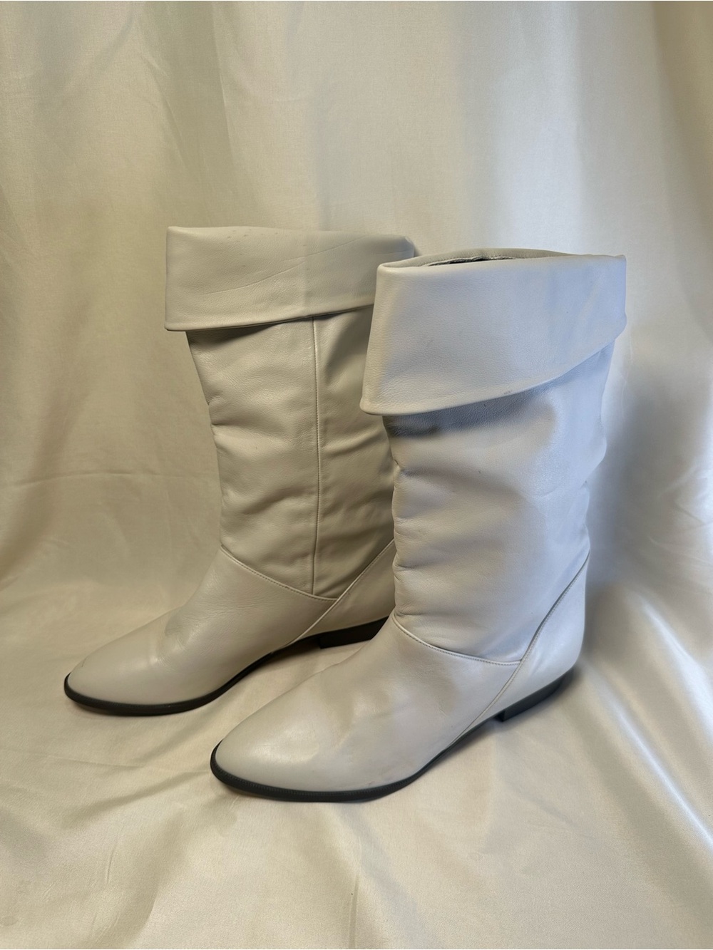 Vintage Ivory *Leather*Slouch Boots Foldover Cuff 8.5M